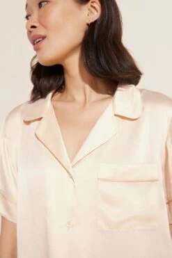 Eberjey Inez Washable Silk Short PJ Set - Champagne/Rose Cloud -Fashion - Pajamas PJ2014S CHRC S