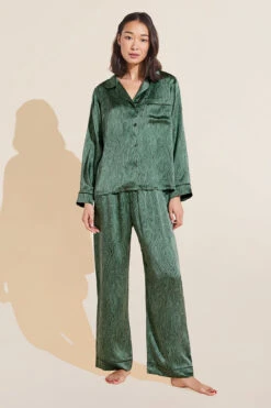 Eberjey Inez Washable Silk Printed Long PJ Set - Malachite Jade/Kelp