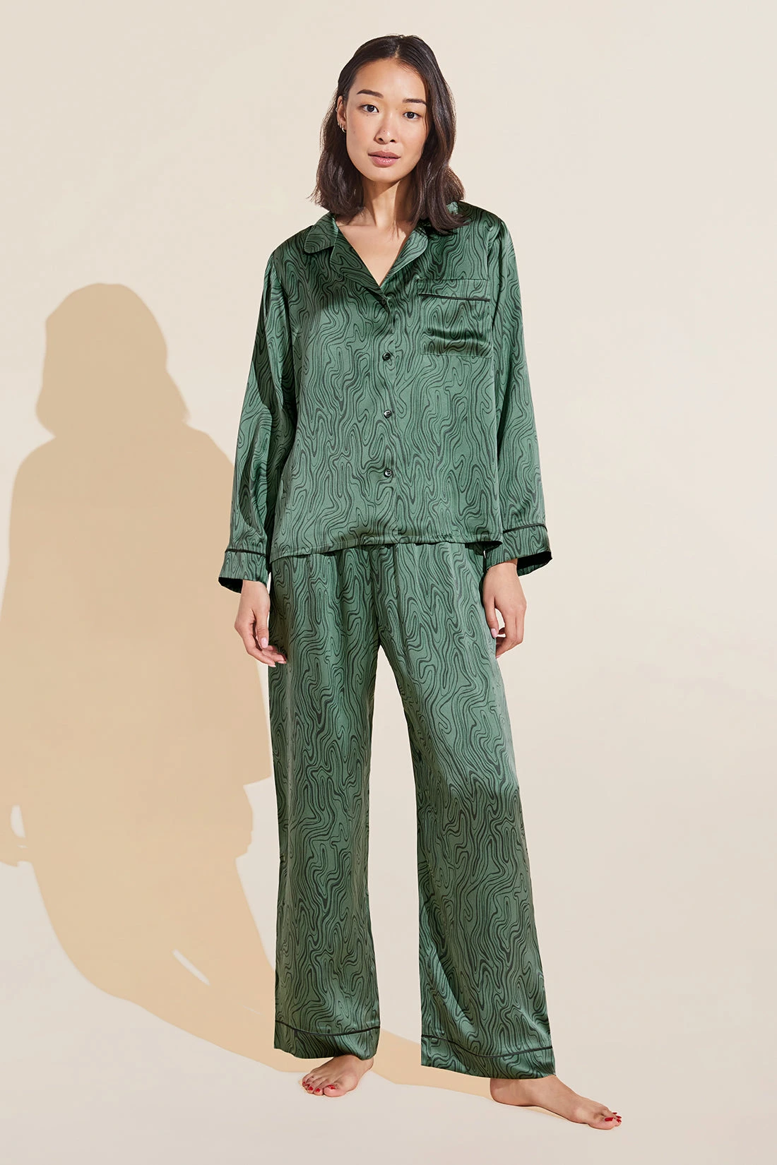 Eberjey Inez Washable Silk Printed Long PJ Set - Malachite Jade/Kelp 3 Eberjey Inez Washable Silk Printed Long PJ Set - Malachite Jade/Kelp