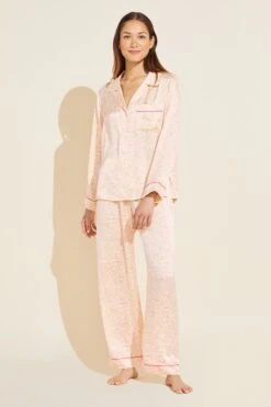 Eberjey Inez Washable Silk Printed Long PJ Set - Marble Rose Cloud/Italian Rose