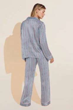 Eberjey Inez Washable Silk Printed Long PJ Set - Stripe Ciel/Ivory -Fashion - Pajamas PJ2015 TCIV B
