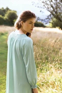 Lake Pima Smocked Long Sleeve Midi Nightgown In Willow -Fashion - Pajamas english garden33